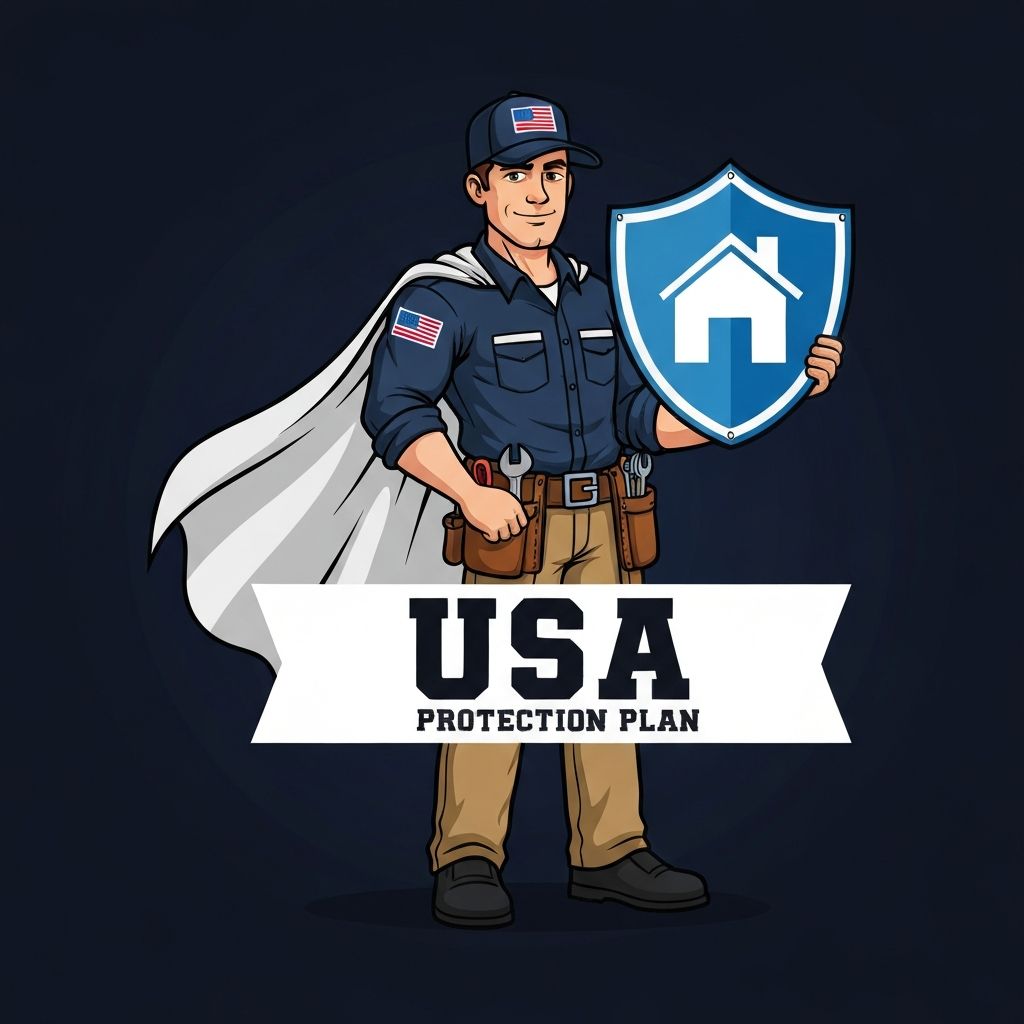 USA Protection Plan superhero technician mascot holding a shield
